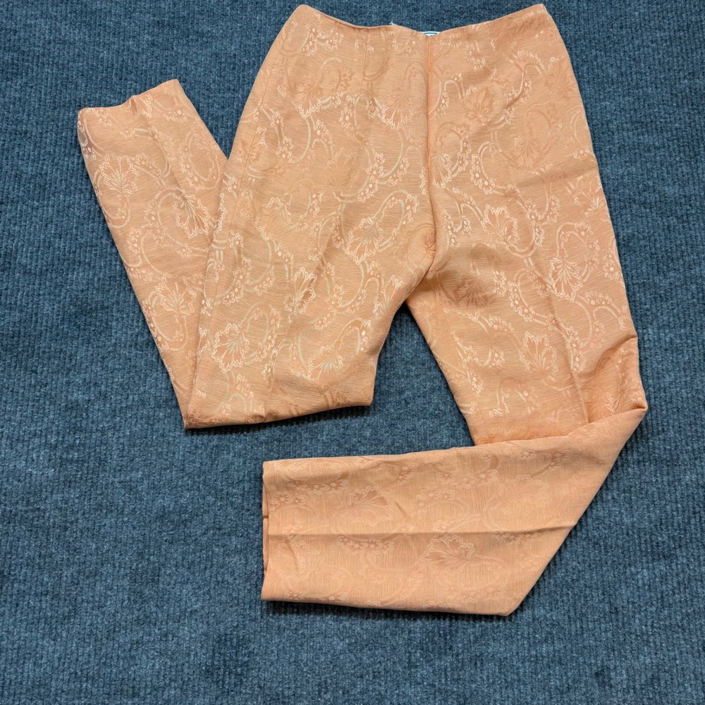 VTG Carlisle Peach Paisley Silk Linen Pants 8 Straight Leg Side Zip Luxe Chic